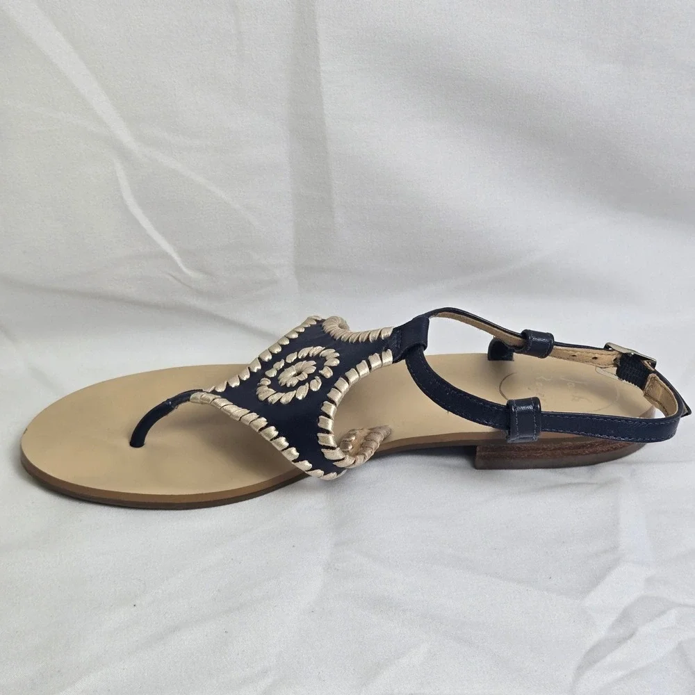 Jack Rogers Maci Slingback Sandals Navy Blue Beige Whipstitching Coastal 6.5M